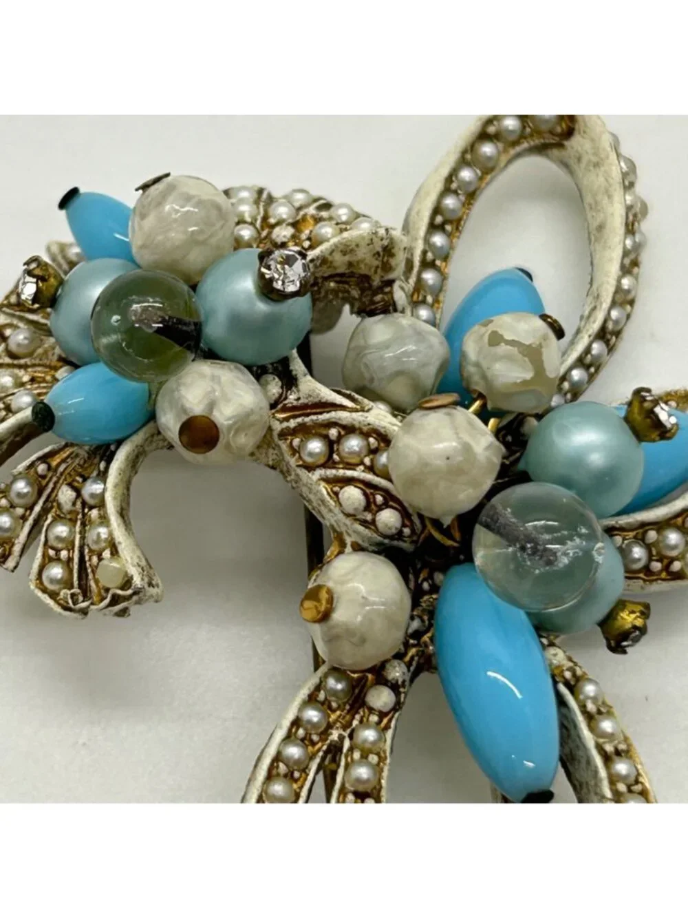 Vintage Coro Pin Brooch With Faux Pearls Faux Turquoise Beads, Floral Bow READ